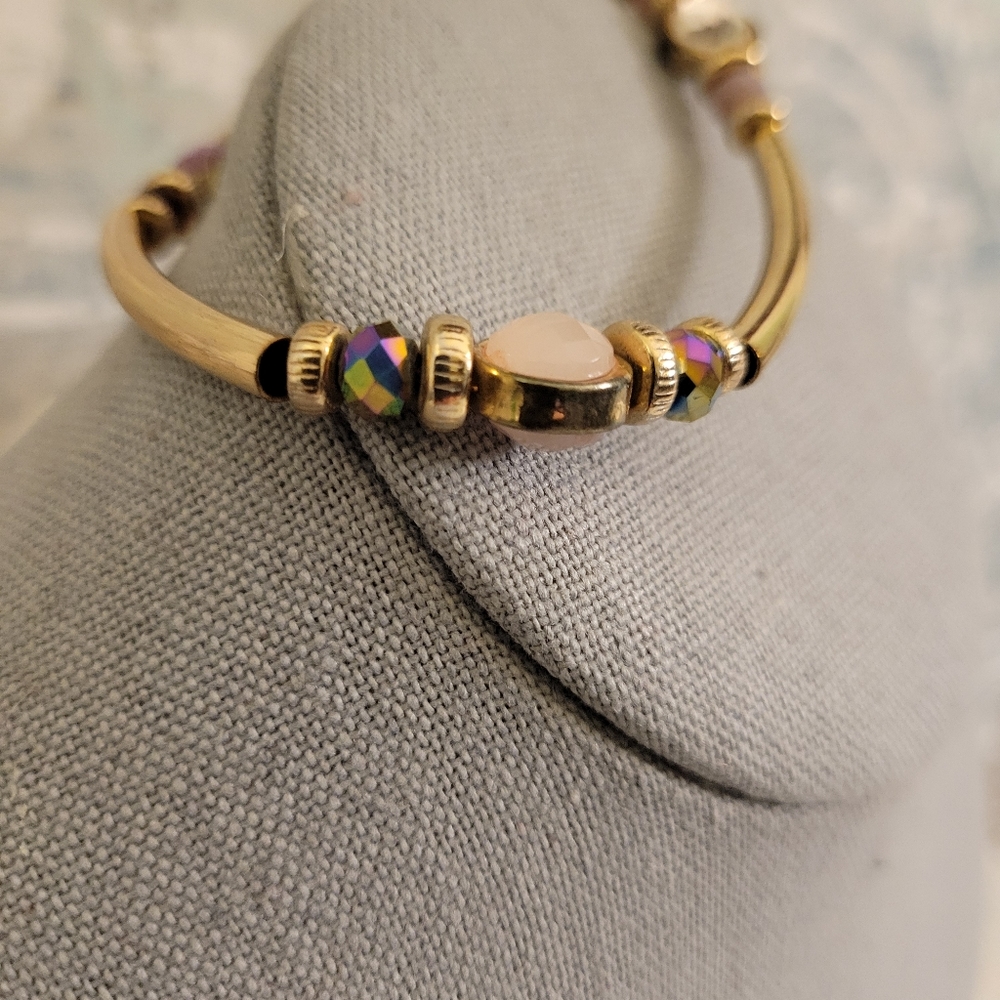 Gold Tone Beaded Crystal Accent Bar Link Bracelet and Large Square Stud Earrings - Picture 6 of 9